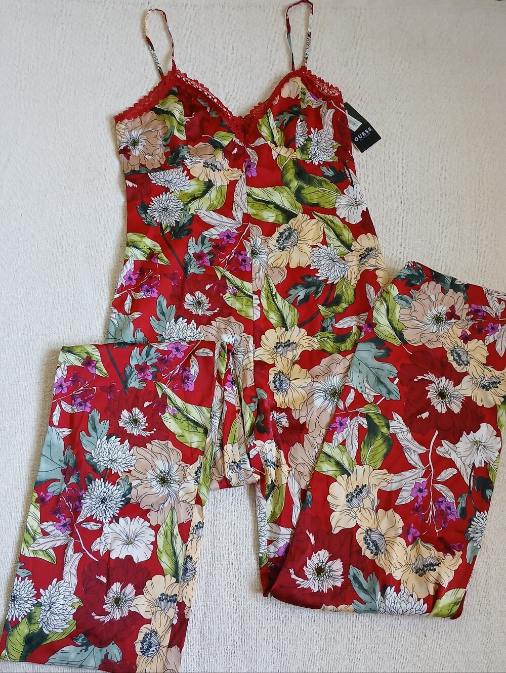 guess ♡ garden fever sultry red lux jumpsuit 4 lace trim small